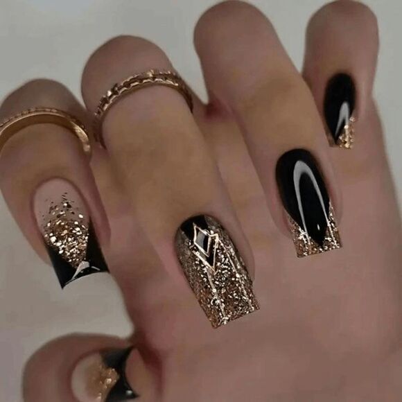 Press On Nails In Black Pink Gold Glitter Designs - Picture 1 of 8